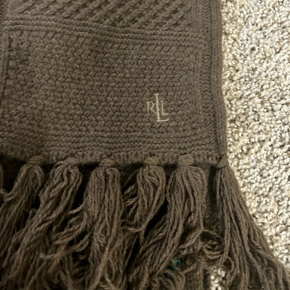 Lauren Ralph Lauren Lambs Wool Rabbit Hair Fringe Boho Scarf Knit Tassel Brown